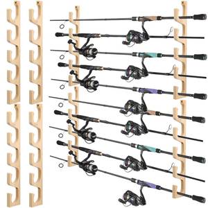 lot 20080 image: Solid Bamboo Fishing Rod Holders Wall Mounted Rack, 4-Piece Set with 5-Tier Storage for Garage Organization, Holds Multiple Rods Combos and Fishing Gear, Natural Wood Color