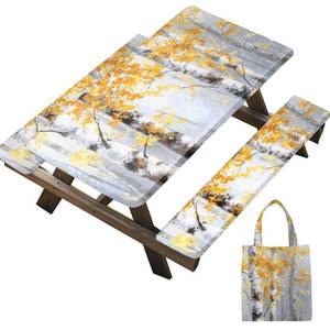 lot 20101 image: Picnic Table Cover with Bench Covers Elastic Edges Windproof Waterproof Outdoor Tablecloth with Handbag, RV Camping Essentials, Fitted 6FT Rectangle Tables and Seats, 72x30 Inch (Autumn birch tree)