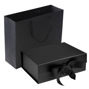lot 20125 image: Black Gift Box with Lid, Ribbons & Bag, Medium, 9x7x3 In, Magnetic Closure