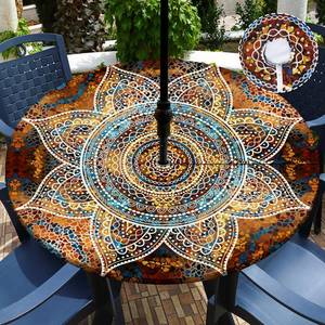 lot 20211 image: Buwuta Outdoor Tablecloth with Umbrella Hole Waterproof Round Fitted Tablecloth with Elastic Zippered Wipeable Table Cloth Cover for Picnic,Patio,Garden (Brown, 48 (Round))