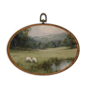 lot 20215 image: BCUANGD Vintage Sheep Oval Wall Art Decor - Retro Easter Spring Wall Art Canvas Frame Artwork Prints, Rustic Neutral Cottagecore Oval Wall Hanging Decorations for Home Farmhouse, 11.4x8.6