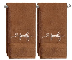 lot 2028 image: Artoid Mode 2 Pcs Caramel Family Embroidered Hand Towels for Bathroom, 100% Cotton Soft Absorbent Farmhouse Decor Towels, 13.7 x 29.5 Inch