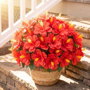 lot 1518 image: FineCheer 12 Bundles Artificial Hibiscus Flowers for Outdoor Decoration Fake Tropical Flowers UV Resistant Faux Silk Planter for Outside Porch Spring Front Door Decor (Red)