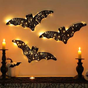 lot 1553 image: 3 Pack Halloween Decorations Indoor Wall Decor with Lights & Batteries Included, Black Rattan Pre-Lit Spooky Bats Room Decor, 3D Hanging Signs for Covered Porch Home Haunted House Party