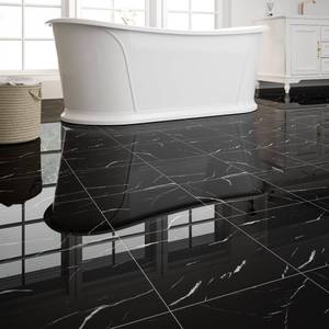 lot 1567 image: 40-Pack Peel and Stick Floor Tiles Vinyl Floor 12 x 12 inch Self Adhesive Waterproof Flooring Planks DIY for Bathroom, Kitchen, Living Room, RV, Cover 40 Sq. Ft, Polish Black Marble
