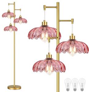 lot 1571 image: ILLMTW Pink Floor Lamp for Living Room,Bedroom,Gold Flower Mid Century Modern Standing Lamp Brass Tree 3 Light Tall Floor Lamps Vintage Floor Lights Glass Lamp Shade Farmhouse Boho Bohemian