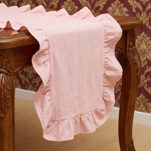 lot 2027 image: HunnmingRe Pink Ruffled Table Runner 72 inch Scalloped Table Runner Cotton Flounces Washable Shabby Farmhouse Rustic Home Kitchen Decoration for Wedding Rectangle Bride Shower Christmas Party