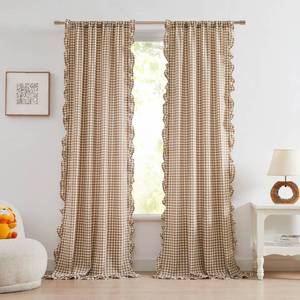 lot 2408 image: ZJDECOR Brown White Buffalo Plaid Crinkle Curtain Panels 95 Inches Length