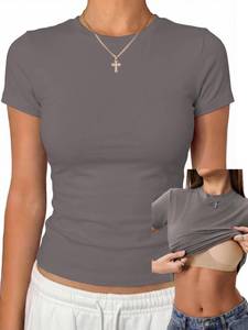 lot 2414 image: Danysu Cotton Tops for Women Built in Bra Fitted Short Sleeve Black Shirt L
