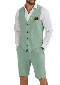 lot 2461 image: Mens Linen 2 Piece Short Suit Slim Fit Wedding Groom Summer Vest Short Set