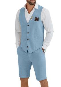 lot 2467 image: Mens Linen 2 Piece Short Suit Slim Fit Wedding Groom Summer Vest Short Set