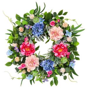 lot 3584 image: 24 Inch Spring Wreaths for Front Door, Artificial Front Door Wreath with Daisy Peony Hydrangea Eucalyptus Green Leaves, Outside Floral Wreath for Home Porch, Home Decor for Indoor Outdoor Window Wall