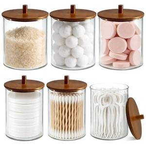 lot 3589 image: 15oz & 10oz Glass Qtip Holder with Acacia Wood Lids, 6 Pack Apothecary Jars