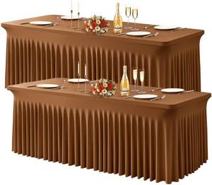 lot 5191 image: Wish Care 2 Pack Brown Spandex Table Clothes for 6 Foot Rectangle Tables, 6FT Wrinkle Free Fitted Tablecloths Ruffles Design Table Cover for Party, Banquet, Wedding and Events