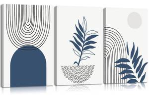 lot 5200 image: 3Pcs Navy Blue Boho Canvas Wall Art Abstract Bohemian Poster Print Geometric Botanical Lines Picture Minimalist Mid-Century Modern Painting Wall Decor for Bathroom Bedroom Office 12x16in Framed