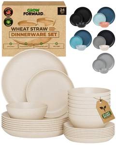 lot 5208 image: Grow Forward 24-piece Premium Wheat Straw Dinnerware Sets for 8 - Unbreakable Dishwasher & Microwave Safe Plastic Plates and Bowls Sets - Patio, Outdoors, RV, Camping Dishes - Sahara
