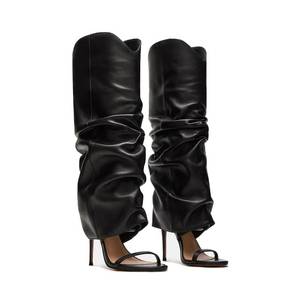 lot 5209 image: MAIJED Slouchy Knee High Boots for Women Open Toe High Heel Sandals Boots Pull On Long Fashion Stiletto Heeled Boots Black Size US8.5
