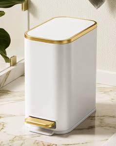 lot 5230 image: Cesun Small Bathroom Trash Can with Gold Grimmed Lid & Pedal, 1.3Gal, White