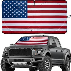 lot 5238 image: Magnelex American Flag Windshield Sun Shade, High-Resolution Sun Shield with Mirror Cut-Out for Automotive Interior Sun Protection Heat Reduction, Folding Car Sunshade with Storage Bag - X-Large
