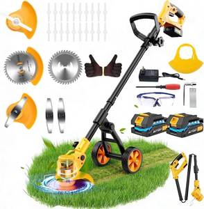 lot 5240 image: Electric Weed Wacker Cordless with Wheels,Electric Weed Eater Battery Powered,4 in 1 Grass TrimmerBrush CutterGrass EdgerSmall Lawn Mower,No String Trimmer with Metal Blade,2 Battery (Yellow)