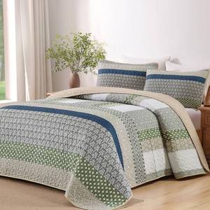 lot 5242 image: WONGS BEDDING King Quilt Set Khaki Green, 3 Pieces Striped Bedspread