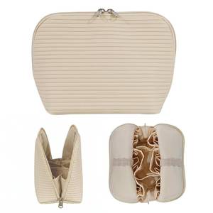 lot 6009 image: Tense Edano Travel Makeup Bag for Women, Waterproof Stand Up Cosmetic Bag with Brush Holders, Organizer Bag with Compartments, Fold-Down Design for Skincare, Toiletries & Essentials (Beige, Medium)