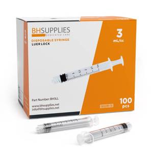 lot 6039 image: BH Supplies 3ml Luer Lock Tip Syringes (No Needle) - Sterile, Individually Wrapped - 100 Syringes