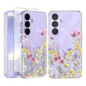 lot 6489 image: Ratcase for Samsung Galaxy S25 Case Floral, with Screen Protector Full Camera Protection Drop Protection Glitter Slim Flower Women Phone Case for Galaxy S25 6.2 lot of 2