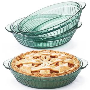 lot 7808 image: Mifoci 2 Pack Green Glass Pie Dish, 8 Inch Round Deep Plate, Tempered Glass Baking Dish, Non Toxic, Oven and Dishwasher Safe, Ideal for Baking Pies, Quiche and Desserts