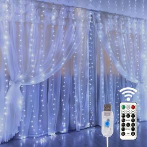 lot 8052 image: HOME LIGHTING Window Curtain String Lights, 300 LED 8 Lighting Modes Fairy Copper Light with Remote, USB Powered Waterproof for Christmas Bedroom Party Wedding Home Garden Wall Decorations, Cool White