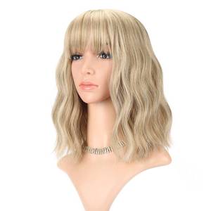 lot 8054 image: FAELBATY Blonde Wave Short Bob Wigs With Air Bangs Shoulder Length Wig For Women and Girls Curly Wavy Synthetic Cosplay Costume Wig (12 Mix blonde and gold)