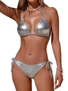 lot 8073 image: Womens Triangle Halter Silver Bikinis Sets Side Tie Two Piece Metallic Bathing Suit Sexy String Drawstring Swimsuit Swimwear(Silver,L)