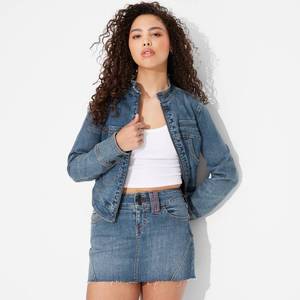 lot 8122 image: Womens Moto Micro Mini Denim Skirt - Wild Fable Medium Wash L Low Rise, Classic Fit, Midweight, Fly Zipper, Back Pocket