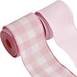 lot 8146 image: Meseey 1.5 Inch Pink Wired Ribbon Set, 2 Rolls Total 10 Yards Solid Light Pink & Pink White Buffalo Check Wired Edge Ribbon for Wreaths, Bows, Gift Wrapping, Baby Shower & Spring Decor