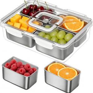 lot 9965 image: kidinit Snackle Box Container, Stainless Steel Divided Serving Tray with Lid and Handle, Large Snack Tray for Fruit Veggie Candy, 4-Compartment Snack Platter for Travel Party Beach Picnic