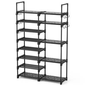 lot 9977 image: ROJASOP Shoe Rack Organizer, 8-Tier Metal Shoe Rack for Closet Entryway Garage, 26-32 Pairs Tall Shoe Boot Storage Shelf with 15 Hooks, Stackable Large Shoe Stand