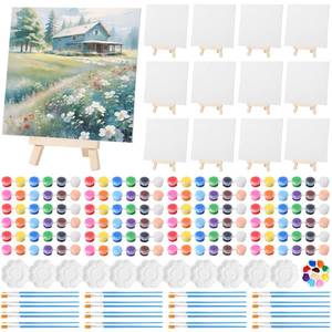 lot 9978 image: Qilery 12 Set Canvas Painting Kit, Mini Canvas with Wooden Easels Acrylic Paints Strips, Brushes, Palette, Art Set for Acrylic Oil Watercolor Adults Birthday Party Favors(8 x 8 Inch)