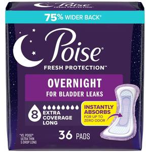 lot 13030 image: Poise Overnight Incontinence Pads for Women, 8 Drop, 36 ct