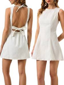 lot 14023 image: ELLEVEN A Line Backless Denim Dress for Women Stretchy Open Back Sleeveless Going Out Bow Tie Tank Jean Casual Y2k Mini Country Concert Dresses White Medium