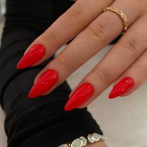 lot 14094 image: KQueenest Light Red Press on Nails Medium Stiletto Almond, Glossy Acrylic Nails Press on, Bright Solid Color Full Cover Medium Fake Nails Set, Stick on Nail for Women Finger Wear in 24 Pcs