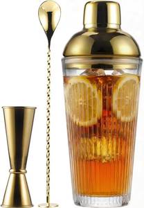 lot 14106 image: Glass Cocktail Shaker Set with Built-in Strainer �� 16oz Ribbed Glass Shaker, Gold Jigger & Bar Spoon with Muddler, Bar Kit for Home Bar, Margaritas, Martinis, Gifts for Men & Women