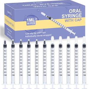 lot 14107 image: 50 Pcs 1ml Syringes with Caps Oral Dispenser Individually Sterile Warpped for Medicine Dropper, Colostrum Collect Feeding Pets, Liquid