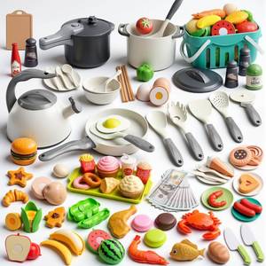 lot 14129 image: 130Pcs Kitchen Playset, Toddler Pretend Cooking Play Pots, Pans, Utensils Cookware, Daily Food Fruit Veges, Shopping Storage Basket, Dessert, Prop Money, Learning Gift for Child (White)