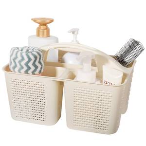 lot 14130 image: Plastic Portable Shower Caddy Basket with Handle, 3 Compartments, Beige