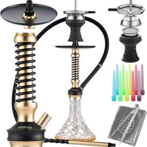 lot 14131 image: Hookah Set with Everything Accessories Silicone Hose Bowl Coal Tongs Mouth Tips Chimney Screen Diffuser, 2023 Small Glass Shisha Hookahs Set Complete Aluminum Stem Hooka Narguile Smoking Gold
