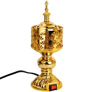 lot 14172 image: Xisakaca Golden Electric Incense Burner, Arabian Style Electric Incense Holder, Middle Eastern Tabletop Decorative Censer for Yoga Spa Home Office Christian Church Decor, US Plug (Gold)