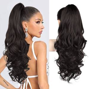 lot 14179 image: REECHO Ponytail Extension, 24 Claw Clip in Ponytail Extension Long Curly Wavy Ponytail Hair Extension Jaw Clip on Pony Tails Hairpiece for Women - Black Brown