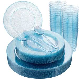 lot 19908 image: Rubtlamp 180Pcs Blue Glitter Dinnerware Set(30 Guests), Blue Plastic Plate With Gitter Disposable Silverware, Gitter Plate Set Include 30Dinner Platos, 30Dessert Platos, 90Cutlerys, 30Cups for Party (CUPS NOT INCLUDED)