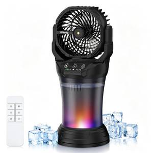 lot 19932 image: Wilody Misting Fan Portable Camping Fan Battery Powered with Remote Control, RGB Ambient Light with 2L Bucket, Battery Indicator, 120° Auto Oscillating, Timing Function, Grip Handle(Black)