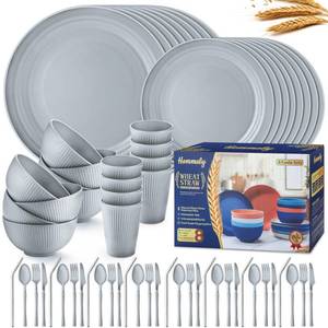 lot 19939 image: Wheat Straw Dinnerware Sets,64-Piece Plates and Bowls Sets for 8-Unbreakable,Reusable Plastic Dish Set-Dinner PlateDessert PlateCereal BowlCupUtensils-Microwavable Dishwasher Safe 64P-Gray